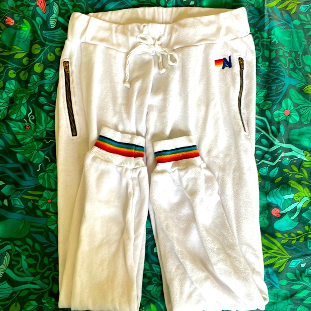 Aviator Nation white sweatpants with rainbow cuff